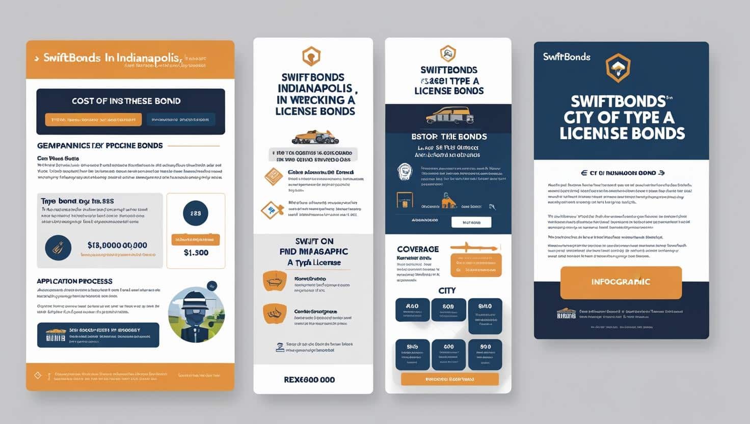 Multi-panel infographic explaining coverage, application, and costs for Indianapolis Type A License Bonds.