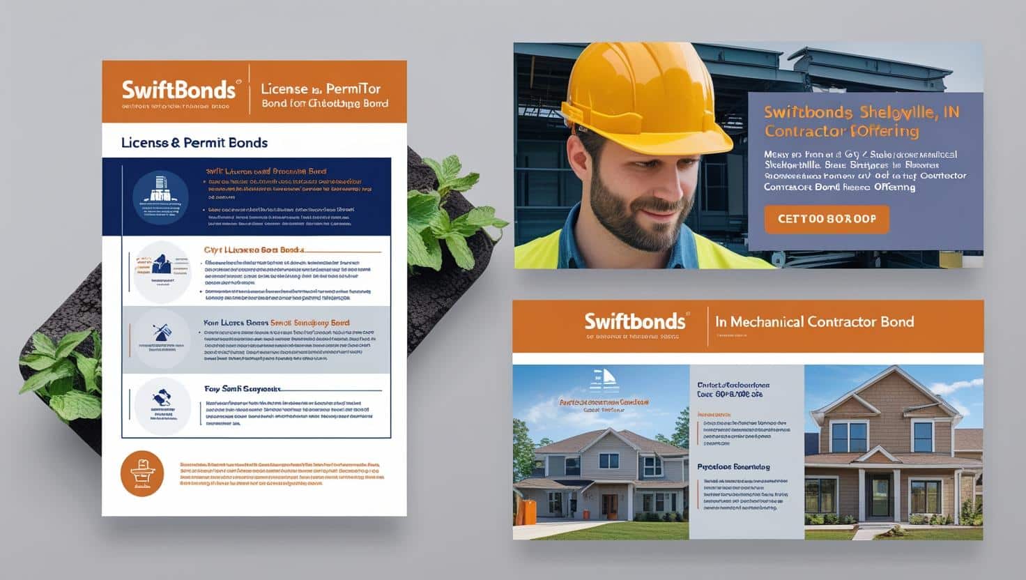 SwiftBonds promotional collage for Shelbyville, IN mechanical contractor bonds, featuring license and permit bond details, a contractor in a hard hat, and residential project imagery.