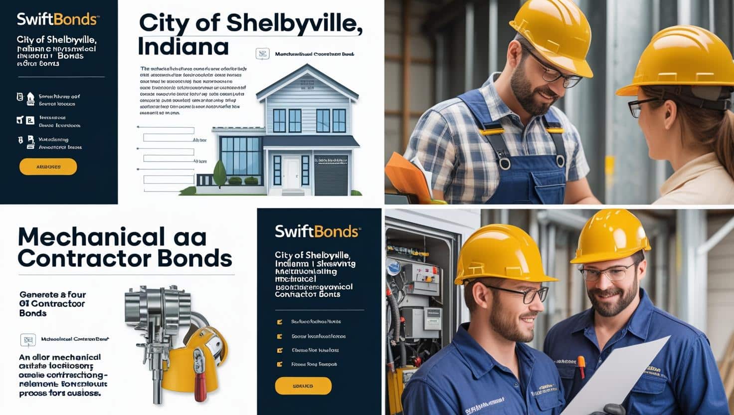 City of Shelbyville, IN mechanical contractor bond collage with contractor team photos, bond information graphics, and licensing highlights.