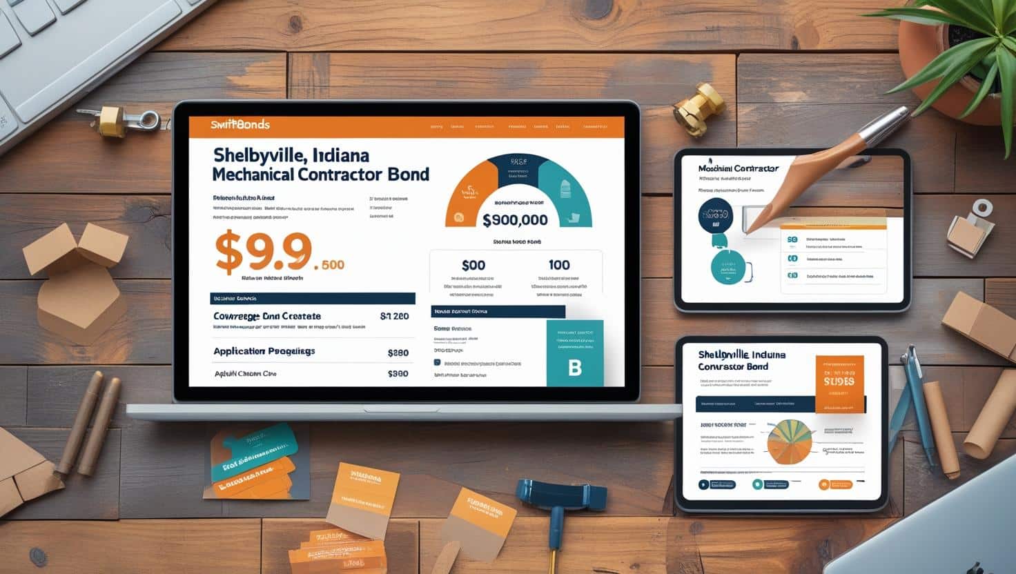 Digital mockup of Shelbyville, IN mechanical contractor bond statistics and application details displayed on laptop and tablet screens.