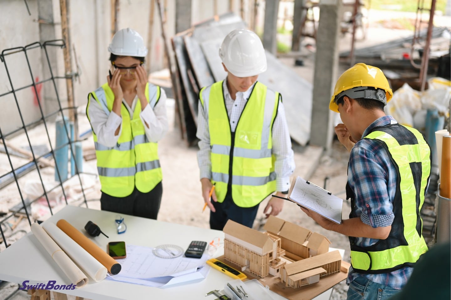 Three construction professionals wearing safety gear discuss designs and scale models on the job site.