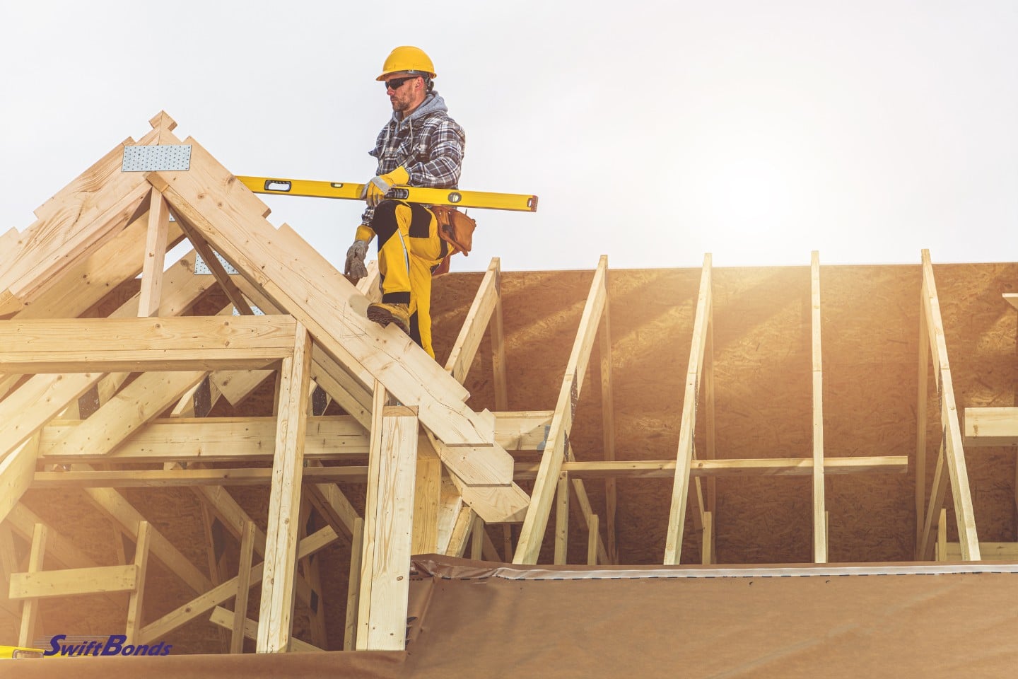 Wooden home roof construction.