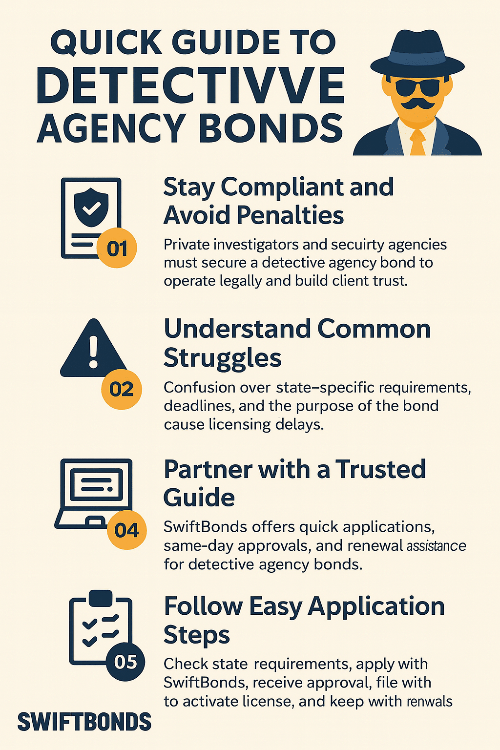 Infographic explaining detective agency bond compliance for private investigators and security firms, showing benefits, common struggles, and Swiftbonds’ easy bonding process.