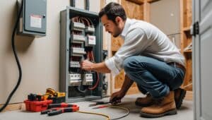 Professional electrician kneeling while inspecting and wiring a breaker box with tools and cables nearby.