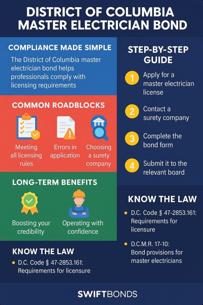 Colorful infographic outlining compliance, roadblocks, benefits, step-by-step guide, and statutes for the District of Columbia Master Electrician Bond.