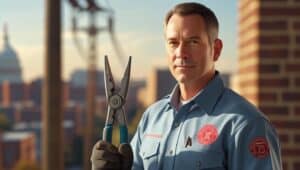 Licensed electrician holding pliers with the U.S. Capitol in the background, representing compliance with D.C. master electrician bond requirements.