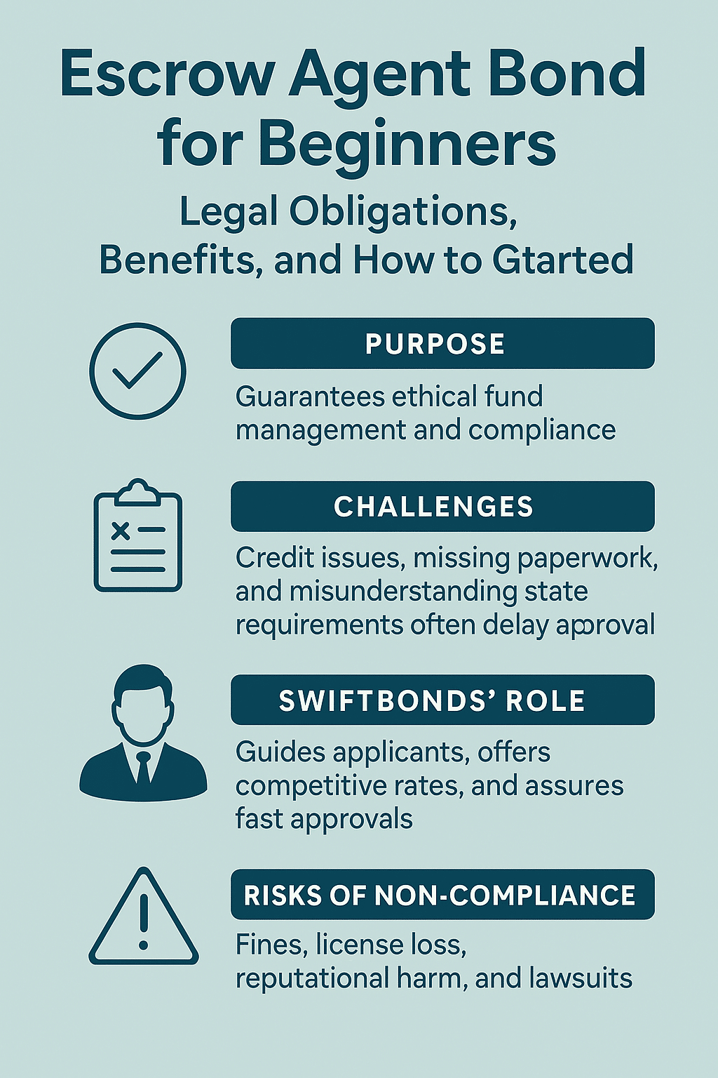Infographic explaining escrow agent bond basics, including purpose, challenges, Swiftbonds’ role, and risks of non-compliance, in a clean modern design.