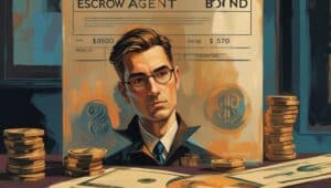 Illustration of a licensed escrow agent with stacks of gold coins and an official bond certificate, representing financial trust and security.