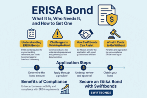Visual guide to ERISA bonds with icons and step-by-step process showing how fiduciaries can secure compliance through Swiftbonds.