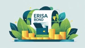 Illustration of ERISA bond compliance with coins and documents symbolizing retirement plan protection.