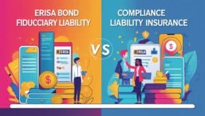 Colorful infographic comparing ERISA bond vs fiduciary liability insurance, highlighting compliance protection for employee benefit plans.