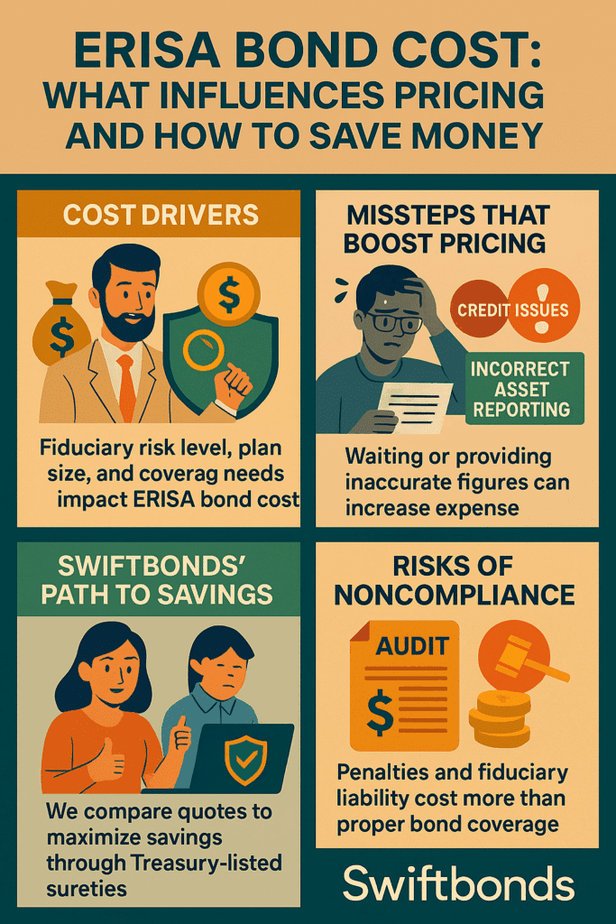 Infographic on ERISA bond cost with icons showing coverage percentage, risk levels, and savings tips for employers managing 401(k) plans.