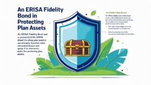 Visual infographic showing an ERISA Fidelity Bond protecting plan assets, illustrated with a shield and treasure chest symbolizing security against fraud and misuse of retirement funds.