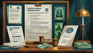 Federal bond requirement board with gavel, money, and regulations (government oversight).