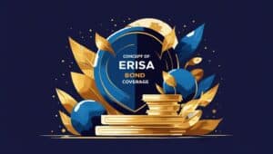 Illustration of ERISA bond coverage concept with golden coins, blue shield, and compliance protection theme.