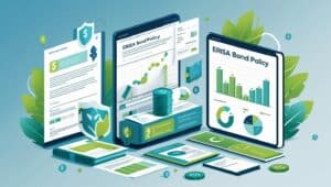 Infographic showing ERISA bond policy with charts, graphs, and compliance documents protecting retirement plan assets.
