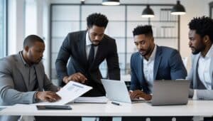 Business professionals reviewing ERISA bond compliance documents on laptops in a modern office setting.