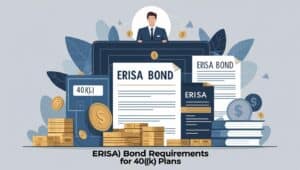 Colorful infographic on ERISA bond requirements for 401(k), featuring compliance highlights, fiduciary responsibilities, and penalty warnings.