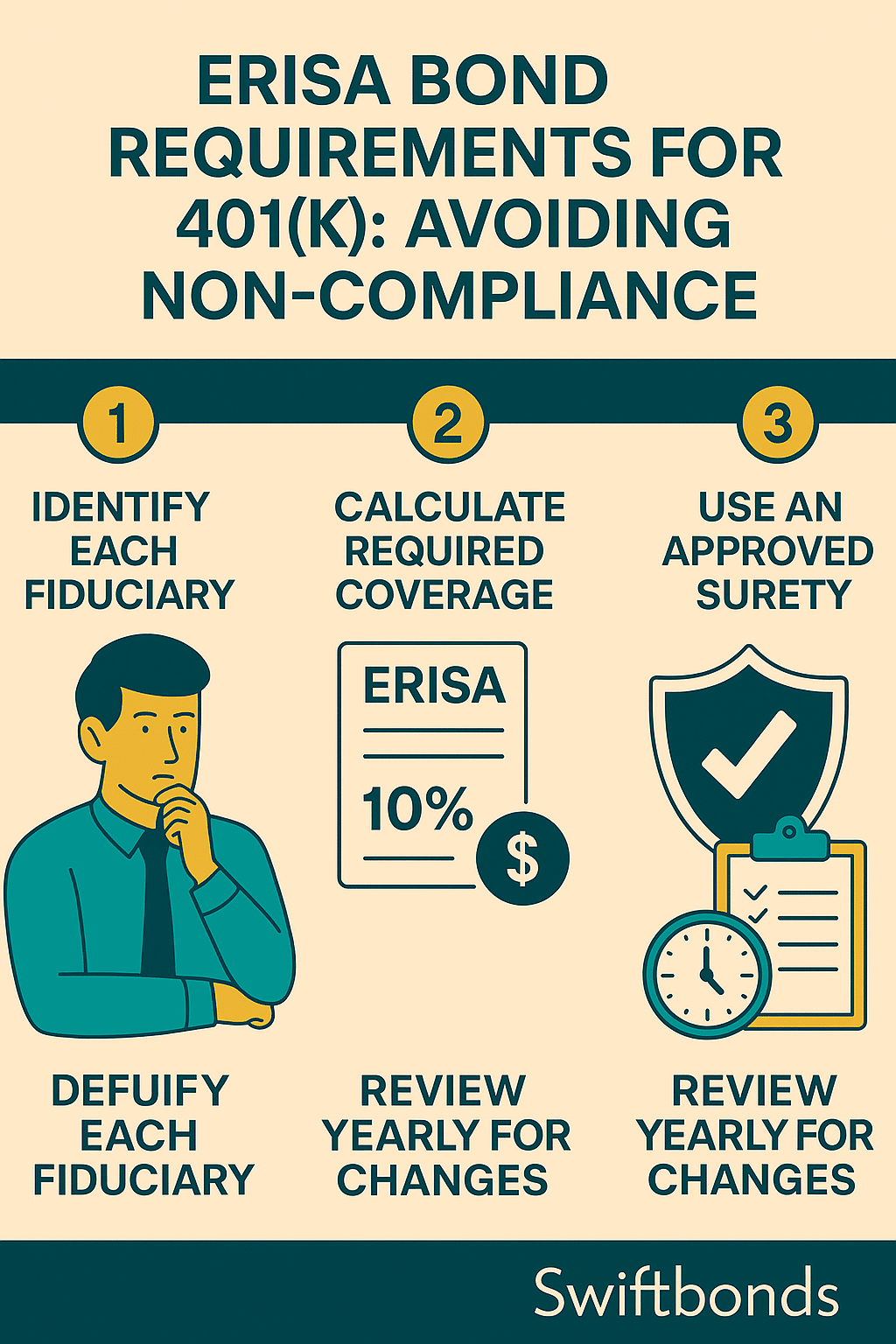 Alt text: Infographic with checklist icons explaining ERISA bond requirements for 401(k) plans, including fiduciary identification and compliance steps.