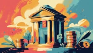 Colorful illustration of a financial institution with gold coins, symbolizing ERISA bond costs and financial security for employee benefit plans.