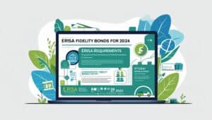 Infographic explaining ERISA fidelity bond 2024 requirements with compliance rules and risks of noncompliance.