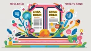 Colorful infographic showing ERISA bond and fidelity bond side-by-side, emphasizing legal compliance and business protection differences.