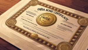 Illustration of an official ERISA bond certificate for a 401(k) plan, showing gold seal and ornate border, symbolizing compliance and fiduciary protection.