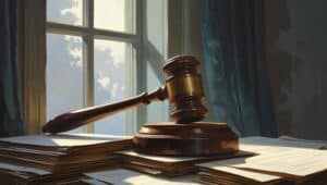 Wooden gavel resting on stacks of legal documents by a window, symbolizing ERISA bond compliance and fiduciary responsibility.