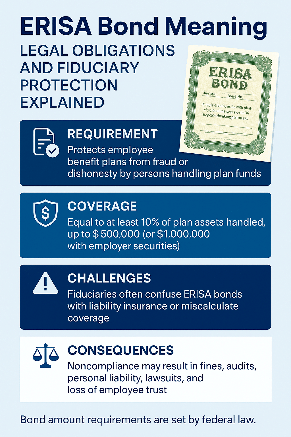 Infographic explaining ERISA bond meaning, legal requirements, coverage rules, common compliance challenges, and consequences of noncompliance.