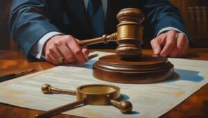 Close-up of a judge’s hands holding a gavel over legal paperwork, representing ERISA bond enforcement and fiduciary accountability.