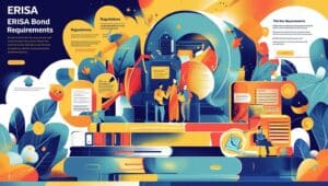 Colorful abstract infographic on ERISA bond requirements with illustrations of professionals, documents, and regulation icons, highlighting Department of Labor rules and fiduciary compliance responsibilities.