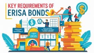 Infographic titled “Key Requirements of ERISA Bonds” with illustrations of fiduciary responsibility, funding for compliance, and dollar symbols, showing people managing assets and large stacks of coins to emphasize financial protection.