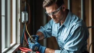 Electrician in protective gloves connecting electrical wires inside a wall, demonstrating licensed bonded contractor work.