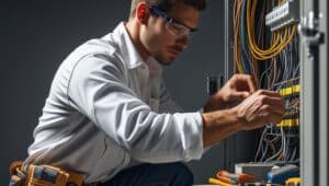 Professional electrician wiring an electrical panel with tools, ensuring safety and compliance for bonded electrical work.