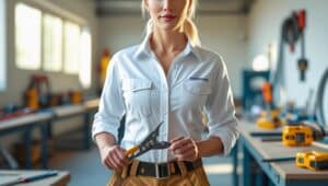 Female electrician in uniform holding pliers in a workshop, representing licensed and bonded electrical contractors.