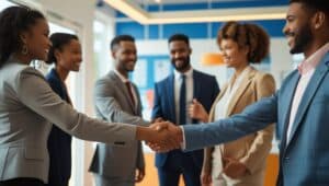 Recruitment professionals sealing a business agreement with a handshake, symbolizing trust through bonding compliance.