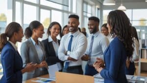 Diverse HR professionals in business attire discussing compliance and bonding solutions in a modern office.