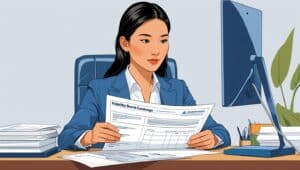 Professional woman reading fidelity bond coverage paperwork at her office desk for compliance planning.