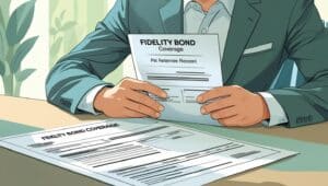 Close-up of a businessman reviewing fidelity bond coverage details and policy requirements.