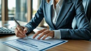 Business professional signing a fidelity bond application form at a desk.