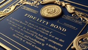 Close-up of a gold-embossed fidelity bond certificate with official seal.