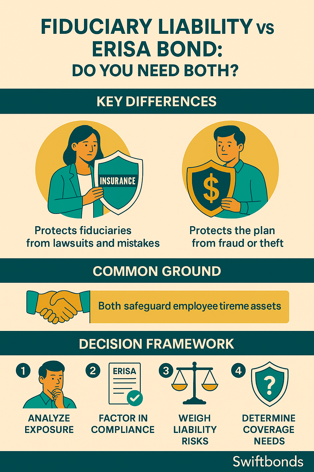 Fiduciary Liability vs ERISA Bond infographic showing scales of justice balancing risk protection and compliance coverage