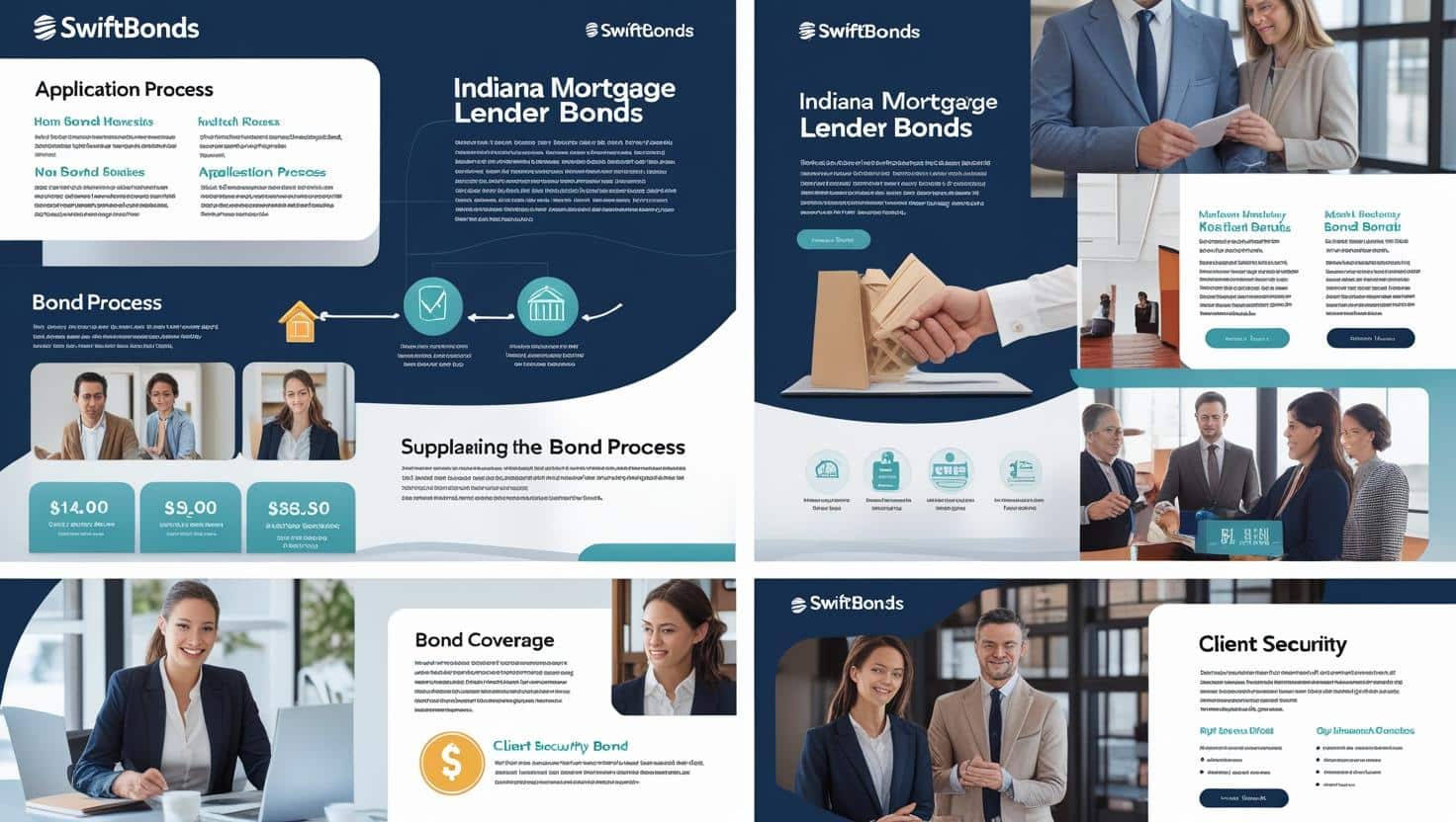 Indiana mortgage lender bond process infographic detailing application steps, bond coverage, and client security.