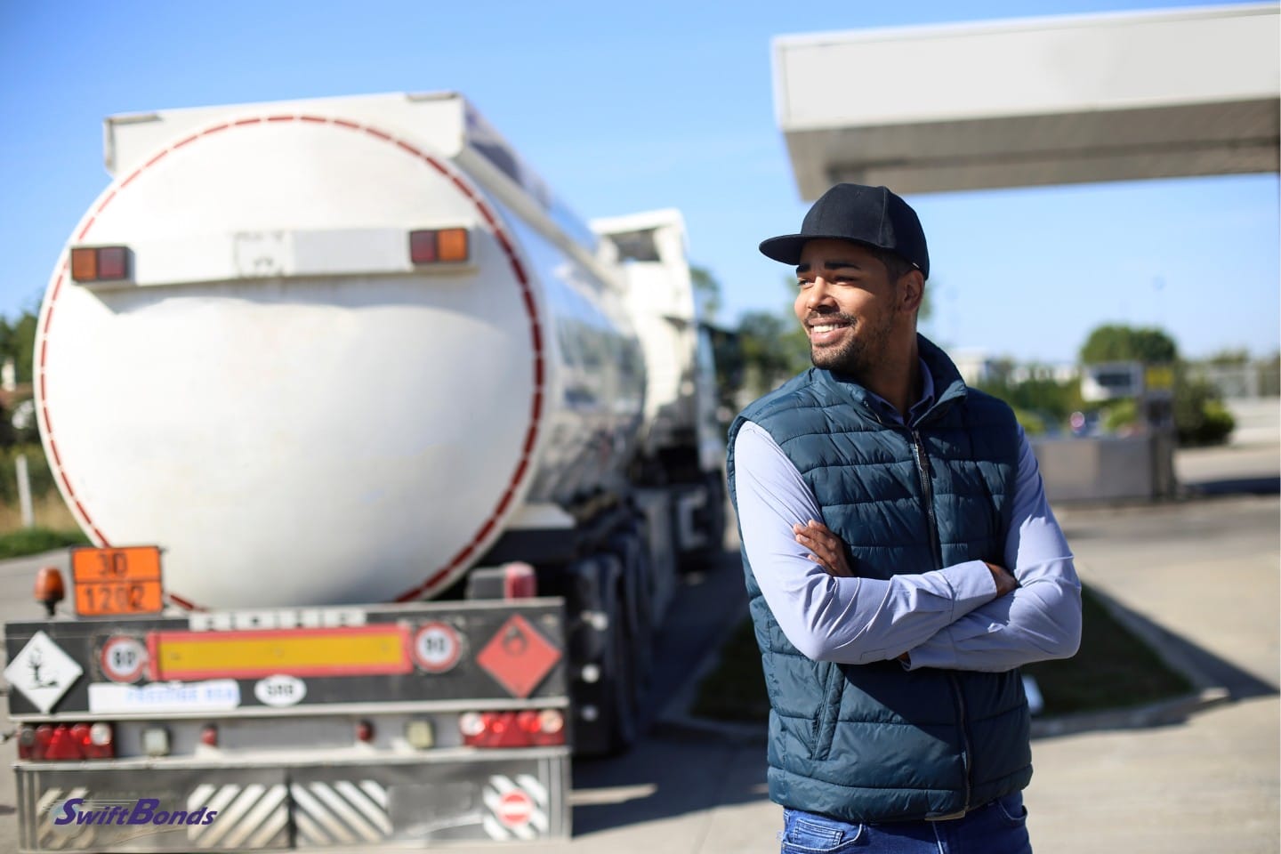 A fuel tanker driver at a gas station.