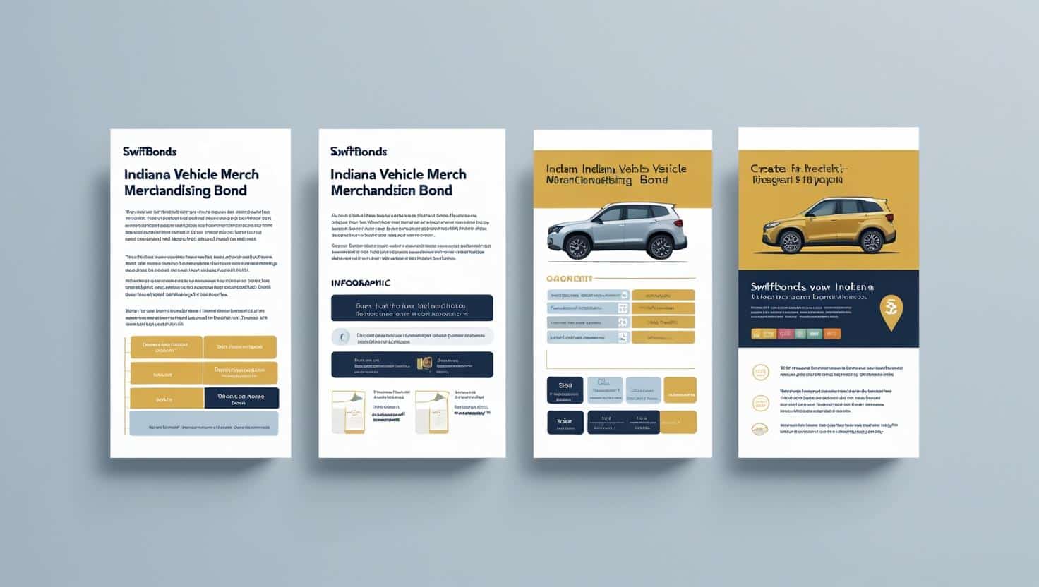 Indiana Vehicle Merchandising Bond infographic with vehicle images, bond values, and requirement highlights.