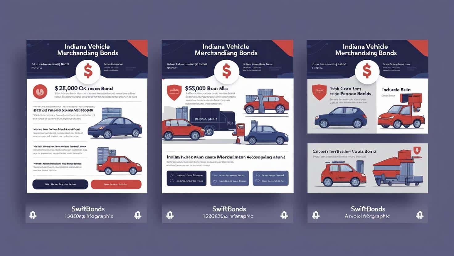 Infographic on Indiana Vehicle Merchandising Bonds with illustrations of cars and bond values.