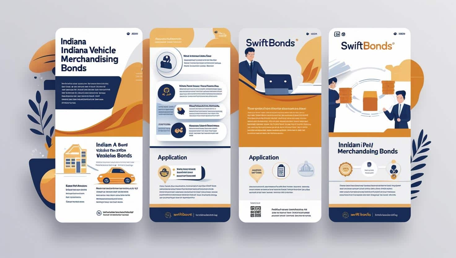 Illustrated infographic on Indiana Vehicle Merchandising Bonds showing application process and bond details.