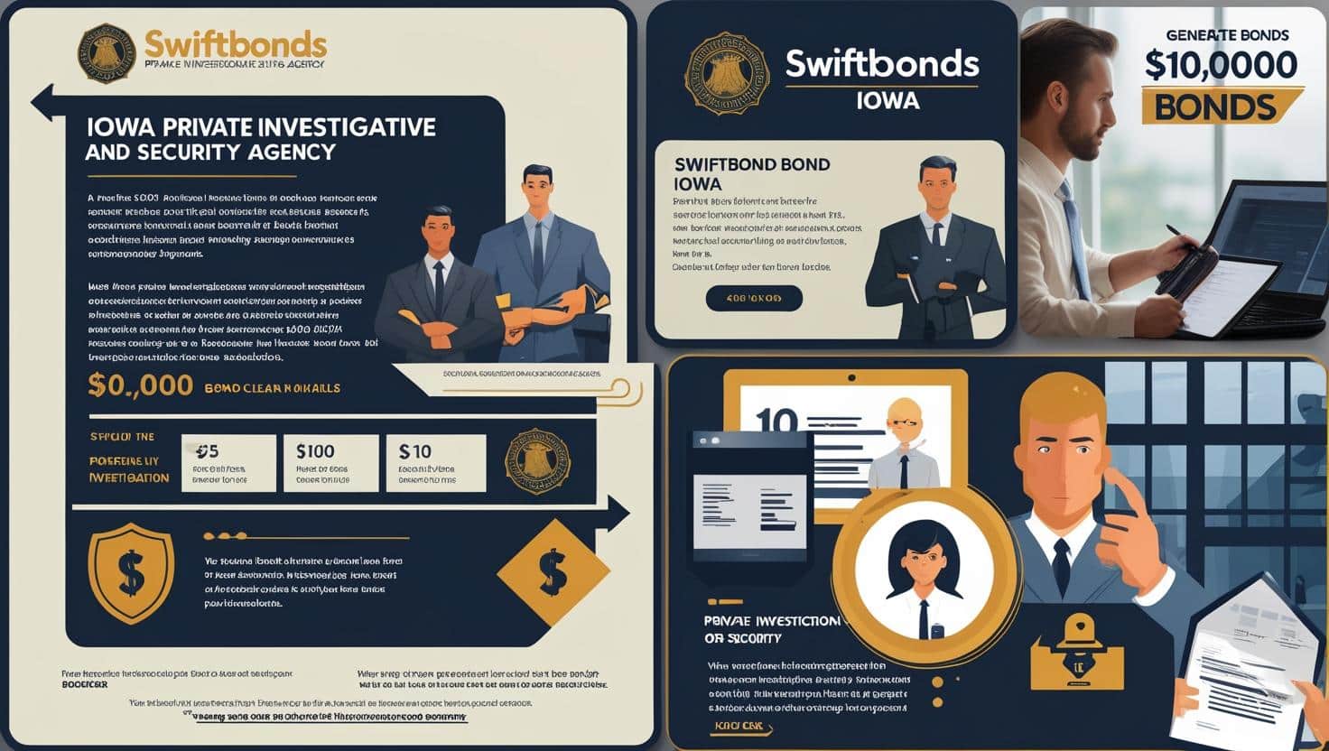 Infographic showing Iowa Private Investigative and Security Agency ,000 bond details with investigators and compliance icons.