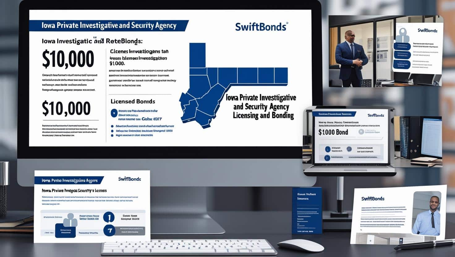 Computer screen infographic about Iowa Private Investigative and Security Agency licensing and bonding requirements.