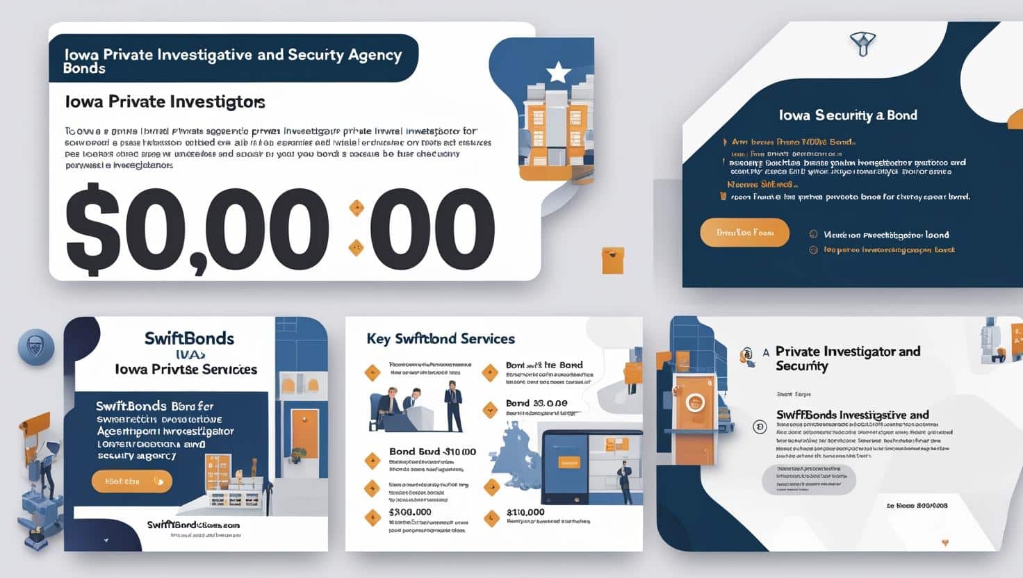 Illustrated infographic highlighting Iowa Private Investigators bond services and SwiftBonds offerings.